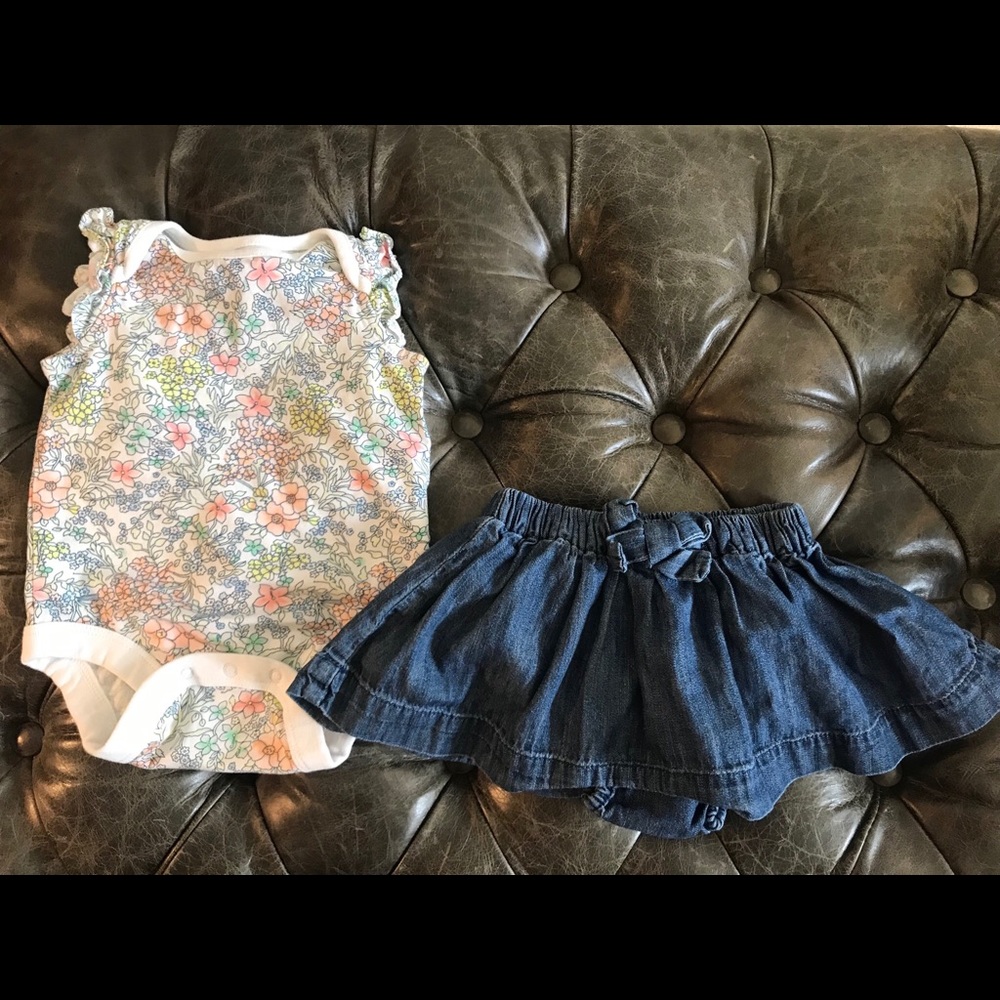 Baby Gap Floral onesie and dark chambray skirt